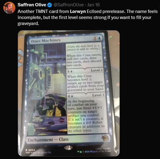 Magic card titled "Does Machines," features futuristic art and text detailing abilities. Includes levels and effects, with blue-green tones.