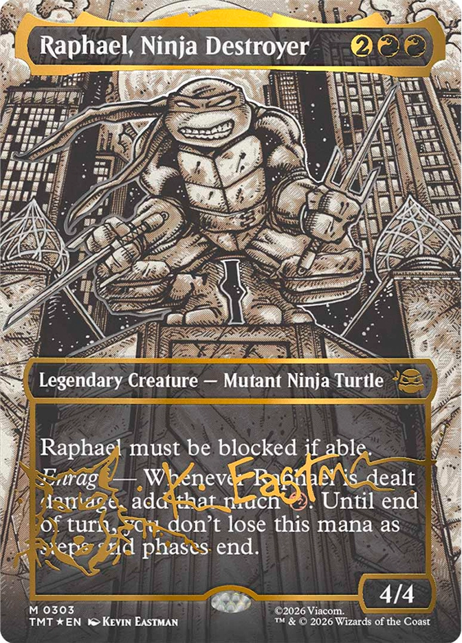 A powerful turtle warrior stands in an aggressive pose at the center of a dramatic city scene, gripping twin sai weapons while towering, ornate skyscrapers frame him from behind.