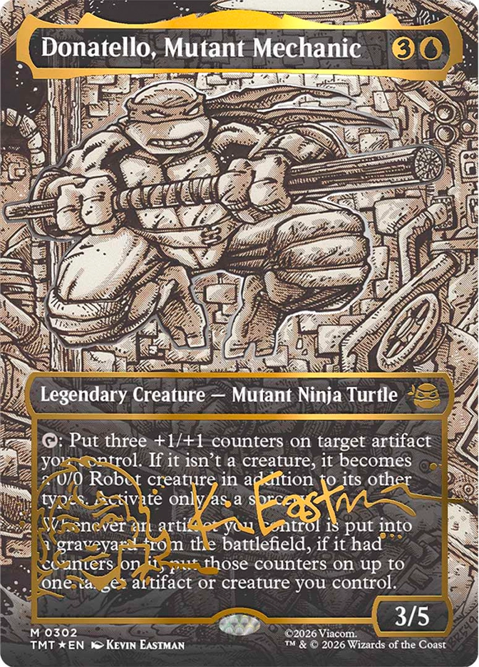 A turtle warrior surrounded by mechanical parts and gears works on a large piece of machinery, holding a heavy metal staff while pipes, bolts, and industrial components fill the gritty background.