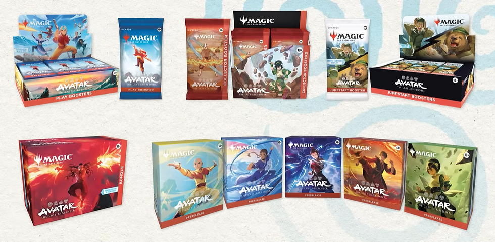 Magic: The Gathering and Avatar: The Last Airbender booster packs and boxes, featuring vibrant character art and themed packaging on a light background.