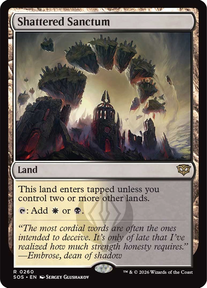 Magic: The Gathering — Secrets of Strixhaven. Shattered Sanctum, Rare, Land. Art depicts a desolate landscape with a ruined gothic tower surrounded by massive dark stone formations floating in a hazy golden sky.