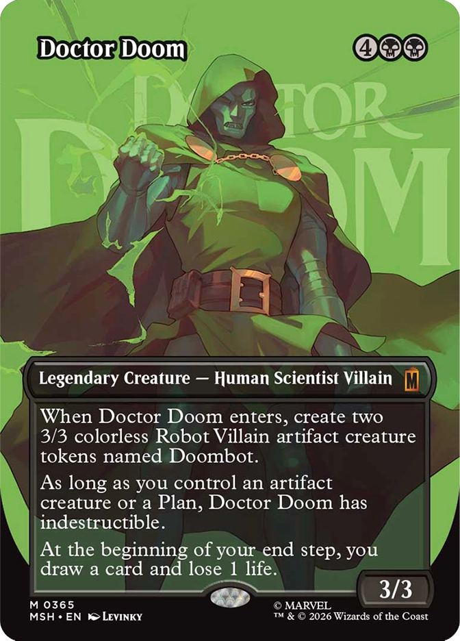 Magic: The Gathering MSH mythic rare legendary creature card Doctor Doom. Art by Levinky depicting Doctor Doom in his iconic armored suit and green hooded cloak, raising a glowing fist against a green-tinted background. 3/3 Human Scientist Villain that creates two 3/3 Doombot tokens on entry, has indestructible while controlling an artifact creature or Plan, and draws a card at end step at the cost of 1 life.
