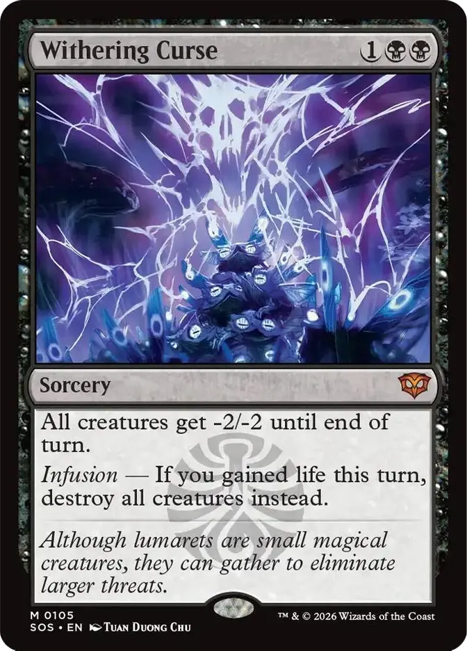 Magic card titled "Withering Curse." Features blue, mystical creature with glowing eyes, intricate patterns; text describes sorcery effects.