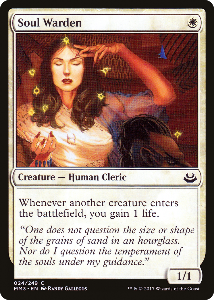 A woman with closed eyes and glowing symbols, hands raised, in a serene pose. Text: Soul Warden, Human Cleric. Calm atmosphere.