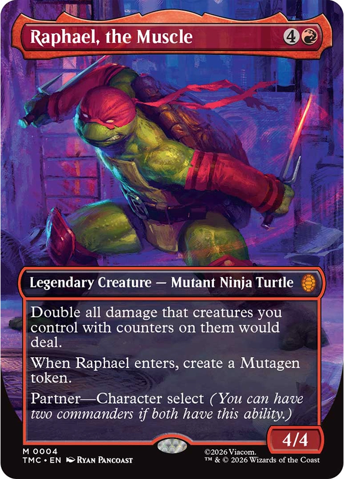 A fierce mutant turtle stands in a ready combat stance, gripping glowing red weapons against an urban backdrop bathed in purple and red tones.
