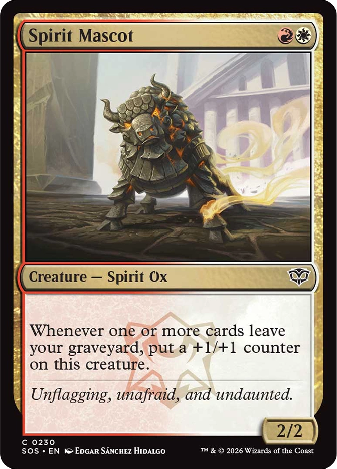 Magic: The Gathering — Secrets of Strixhaven. Spirit Mascot, Common, Creature — Spirit Ox, 2/2. Art depicts a stocky armored ox-like creature with glowing orange eyes and a wisp of golden spirit energy trailing behind it, standing on stone pavement before temple columns.