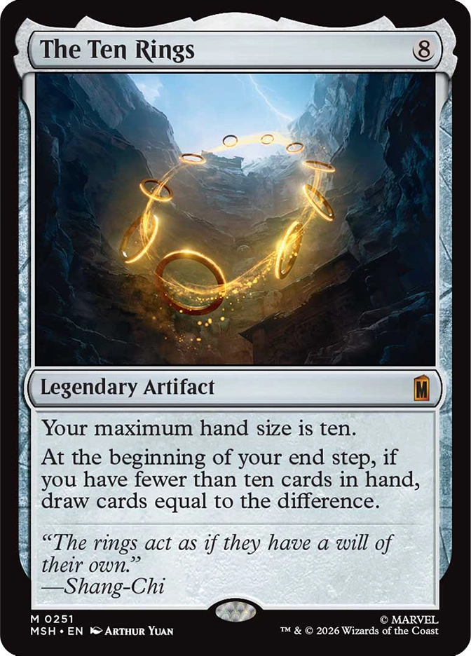 The Ten Rings — Mythic Legendary Artifact, cost 8, card #M0251. Ten glowing golden rings of varying sizes orbit and swirl in a loose formation inside a dramatic rocky canyon or cavern, brilliant golden light radiating from them against the grey stone walls, a bright sky visible above. Your maximum hand size is ten. At the beginning of your end step, if you have fewer than ten cards in hand, draw cards equal to the difference. Flavor text: 'The rings act as if they have a will of their own.' —Shang-Chi. MSH set, grey artifact border, art by Arthur Yuan, Marvel. 2026 Wizards of the Coast.
