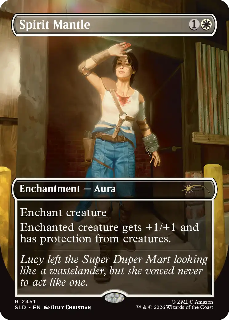 A woman in a dirty white tank top and blue work pants stands in a dim, industrial hallway. She raises one arm as if shielding herself from a bright light shining from above. Her outfit includes a belt with tools and a bracer on her wrist.