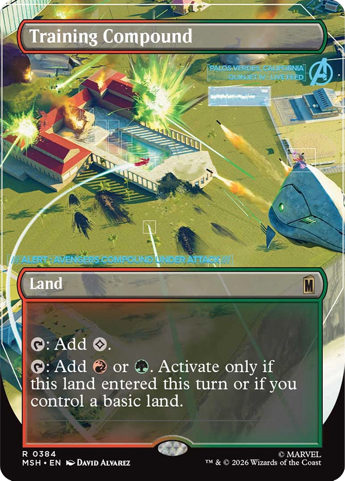 Magic: The Gathering MSH rare land Training Compound. Art by David Alvarez showing a Quinjet live feed aerial view of the Avengers compound in Palos Verdes, California under attack with explosions and a large robotic serpent visible.