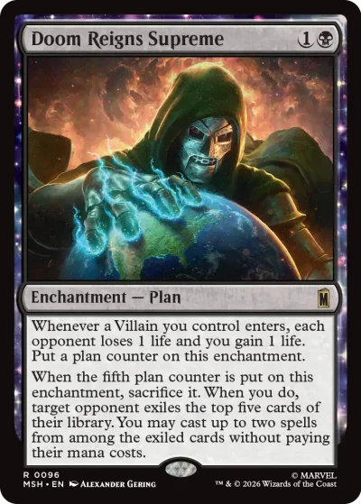 A hooded figure in a dark cloak looming over a glowing Earth, with swirling cosmic energy and ominous colors in the background. The card frame is black.