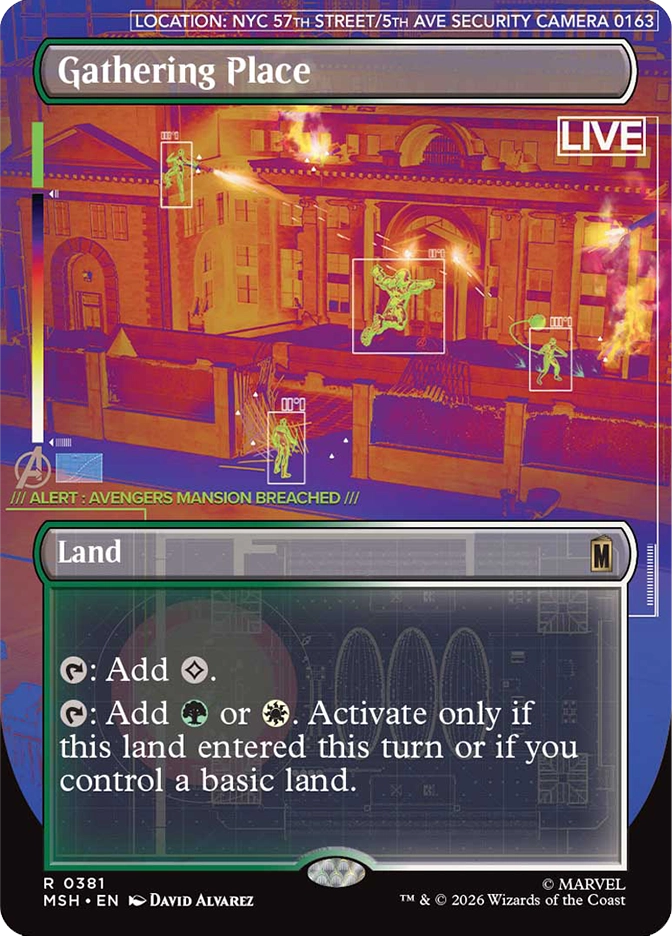 Magic: The Gathering MSH rare land Gathering Place. Art by David Alvarez depicting a security camera live feed of the Avengers Mansion under attack, with multiple highlighted figures battling amid explosions.