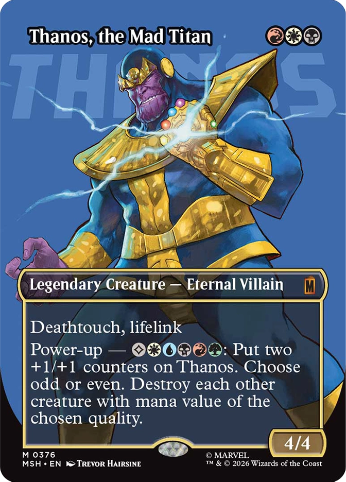 Magic: The Gathering MSH mythic rare legendary creature card Thanos, the Mad Titan. Art by Trevor Hairsine depicting Thanos in blue and gold armor wielding the Infinity Gauntlet, crackling with lightning. 4/4 Eternal Villain with deathtouch, lifelink, and a Power-up ability costing all five mana colors that places +1/+1 counters and destroys creatures based on odd or even mana value.