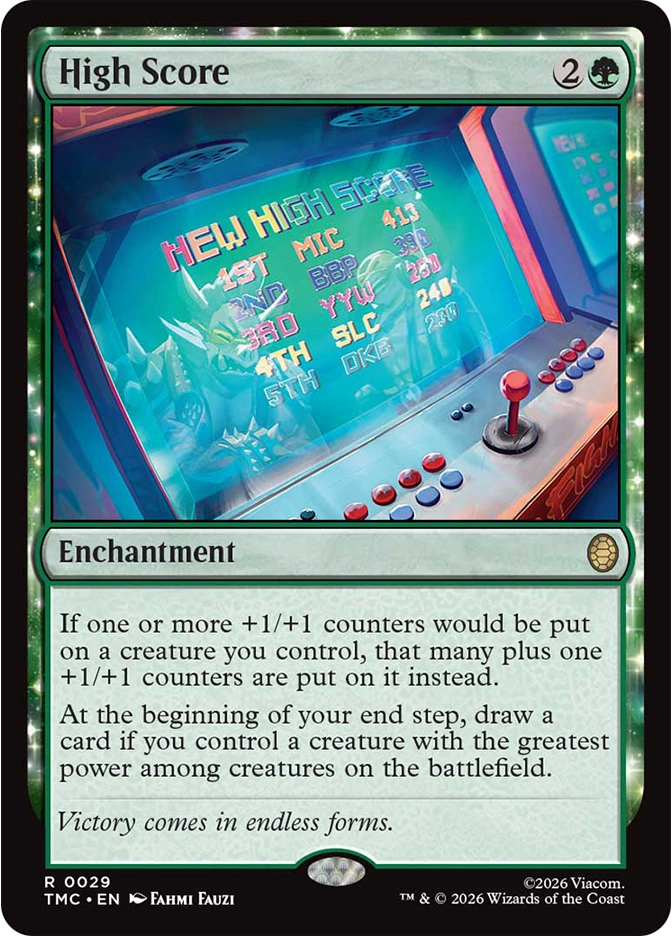 A brightly lit arcade machine displays a "New High Score" leaderboard, with glowing buttons and a joystick on the console in a blue‑tinted retro environment.