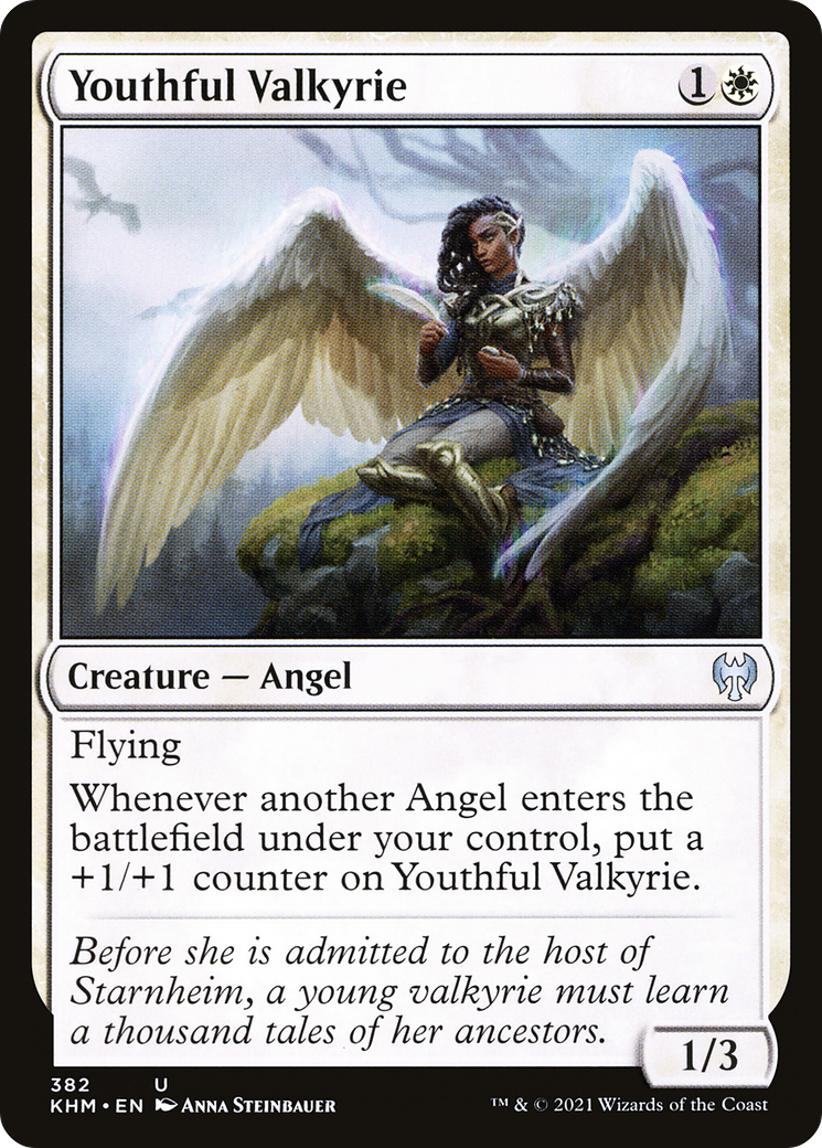 Angel with wings sits on a rock, clad in armor. Background features cloudy sky and flying birds. Text: Youthful Valkyrie, Creature — Angel.