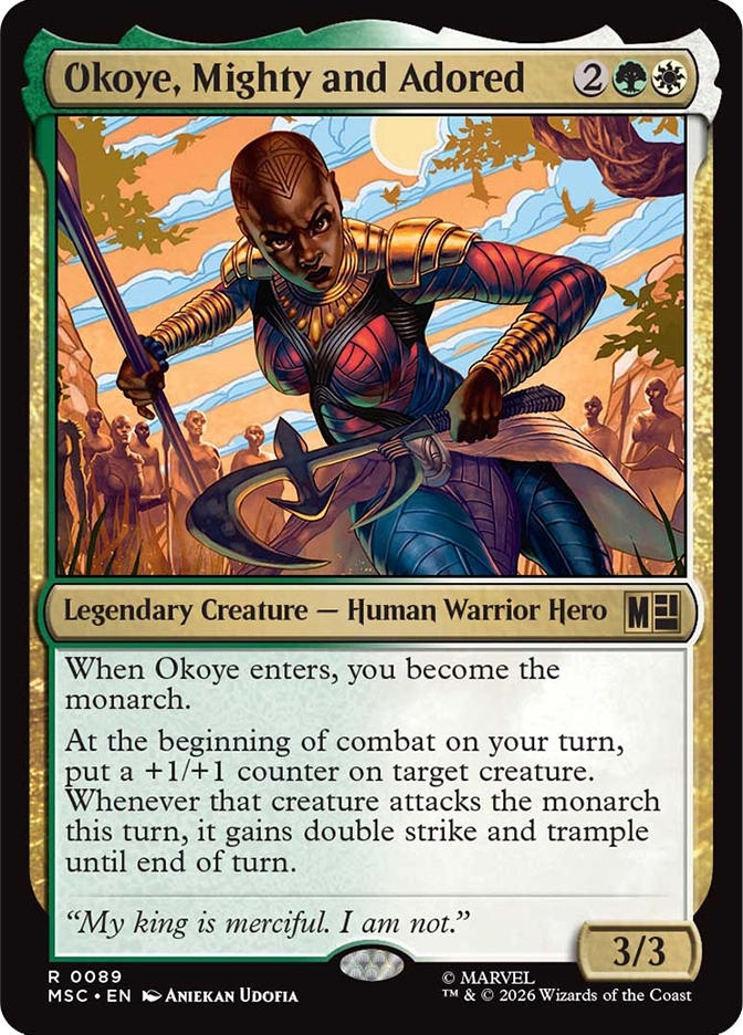 Okoye, Mighty and Adored — Rare Legendary Creature, Human Warrior Hero, cost 2GW, 3/3, card #R0089. A shaven-headed woman in ornate red and gold Wakandan warrior armor crouches in a combat-ready stance gripping a long spear in one hand and a curved blade in the other, multiple spear-carrying figures standing in the golden-lit background behind her with a bright sun and stylized African landscape. When Okoye enters, you become the monarch. At the beginning of combat on your turn, put a +1/+1 counter on target creature — whenever that creature attacks the monarch this turn, it gains double strike and trample until end of turn. Flavor text: 'My king is merciful. I am not.' MSC set, gold multicolor border, art by Aniekan Udofia, Marvel. 2026 Wizards of the Coast.