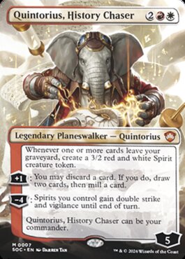 An anthropomorphic elephant planeswalker in white-and-gold armor holds an ornate staff, surrounded by glowing magical glyphs. Books and parchment swirl in the light around him.