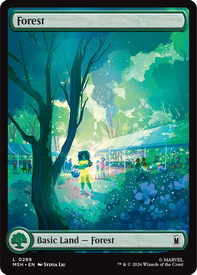 Magic: The Gathering MSH Forest basic land. Art by Sylvia Liu depicting a woman in a yellow dress carrying flowers through a sunlit forest market with festive tents and glowing fairy lights.