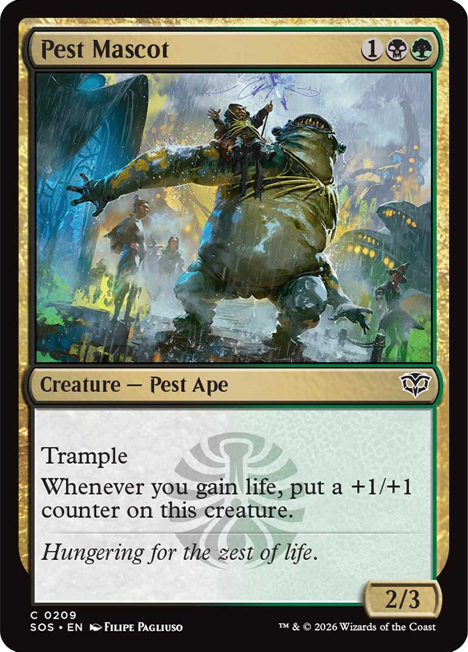 Magic: The Gathering — Secrets of Strixhaven. Pest Mascot, Common, Creature — Pest Ape, 2/3. Art depicts a large hunched creature in tattered clothing lumbering through a rainy street while a small rider perches on its shoulders, with onlookers scattering in the background.