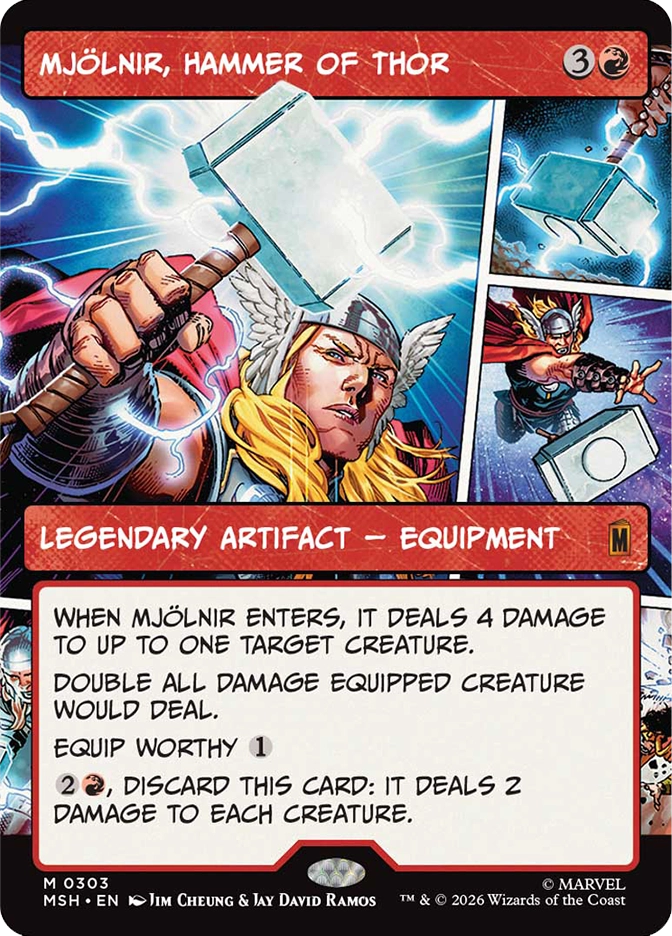 Magic: The Gathering MSH mythic rare legendary artifact equipment card Mjolnir, Hammer of Thor. Art by Jim Cheung and Jay David Ramos in a multi-panel comic style showing Thor wielding Mjolnir crackling with lightning from multiple dynamic angles. Deals 4 damage on entry, doubles equipped creature's damage, has Equip Worthy 1, and can be discarded to deal 2 damage to each creature.