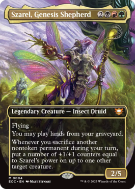 Insect Druid with colorful wings and staff stands in vibrant landscape. Text highlights abilities and stats: "Flying, 2/5, Legendary Creature."