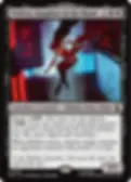 Trading card of Elektra, a red-clad ninja, leaping in a neon hallway; title reads Elektra, Daughter of the Hand.