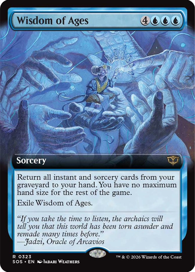 Magic: The Gathering — Secrets of Strixhaven. Wisdom of Ages, Rare, Sorcery. Art depicts a small horned figure cradled in a pair of enormous stone hands reaching toward a glowing magical shape, rendered in deep blue tones.