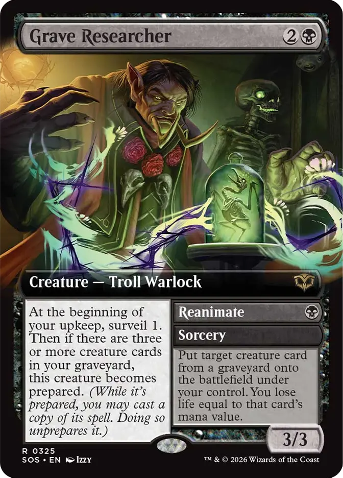 Troll warlock in dark robes, surrounded by glowing magic and a skeleton. Text: "Grave Researcher," with game card details visible.