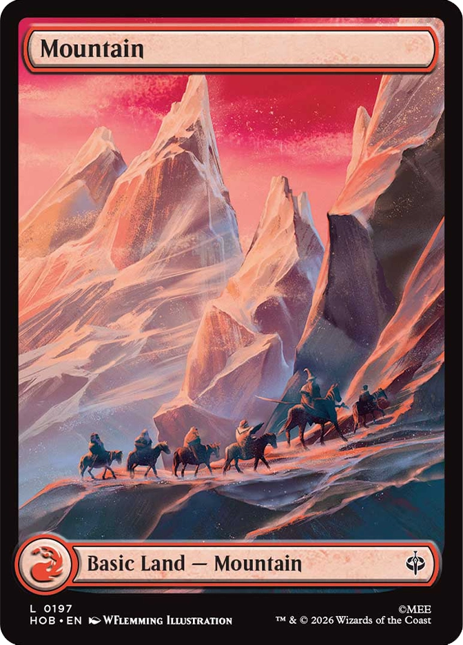 MTG The Hobbit full art Mountain basic land card showing Thorin's company on horseback riding single file across a narrow mountain ridge, towering jagged pink and white crystal peaks rising dramatically into a vivid red and orange sky above them, the landscape harsh and ice-carved in every direction. Art by WFlemming Illustration.