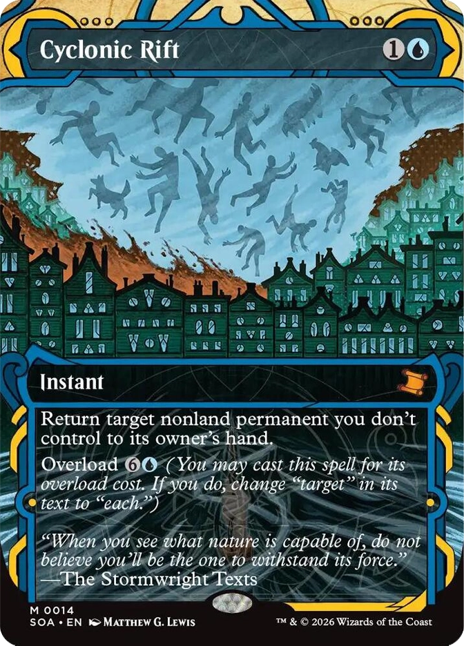 Mythic Instant, 1U. Silhouetted figures and objects are hurled through the air above a teal-toned European-style city engulfed in swirling winds. SOA set, card M0014, art by Matthew G. Lewis.