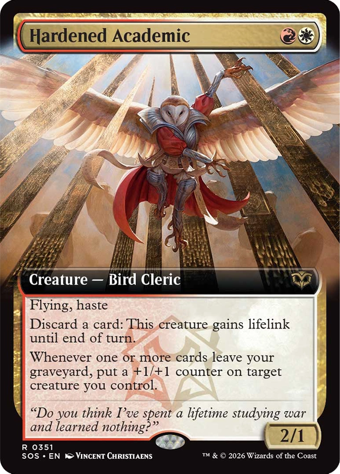 Magic: The Gathering — Secrets of Strixhaven. Hardened Academic, Rare, Creature — Bird Cleric, 2/1. Art depicts an armored owl creature with broad wings spread, clutching a scroll, soaring upward through golden light between towering stone columns.