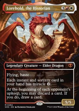 A large red dragon holding a flowing scroll stands regally in front of floating stone pillars