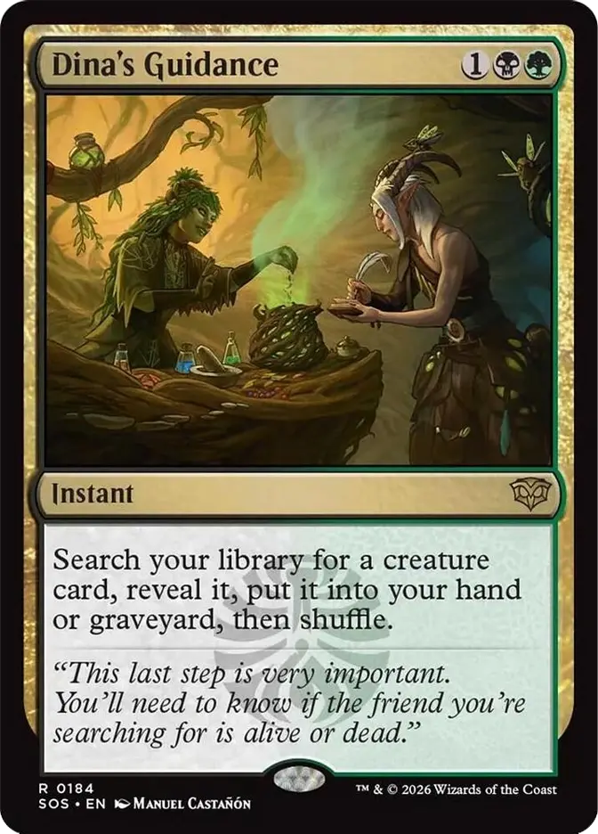 Two figures mix potions in a mystical forest. Green vapor rises, creating an enchanting atmosphere. Text: Dina's Guidance.