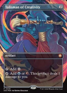 Same as earlier: a blue‑skinned figure holding a golden rod in front of their face with swirling multicolor energy behind them.