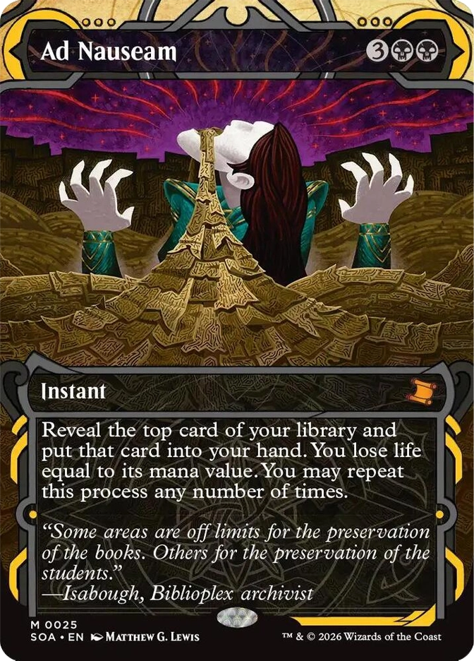 Mythic Instant, 3BB. A robed figure with pale hands raised dramatically stands amid a swirling mass of stone tablets under a purple cosmic sky. SOA set, card M0025, art by Matthew G. Lewis.