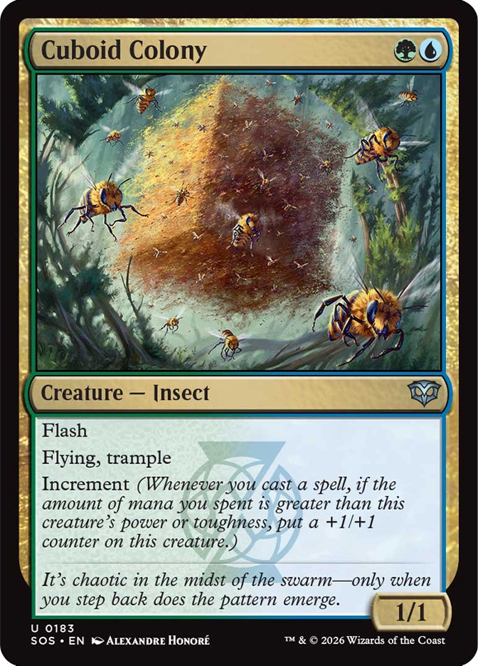 Magic: The Gathering — Secrets of Strixhaven. Cuboid Colony, Uncommon, Creature — Insect, 1/1. Art depicts a swarm of large bees orbiting and constructing a glowing cube-shaped hive in a sunlit forest clearing.