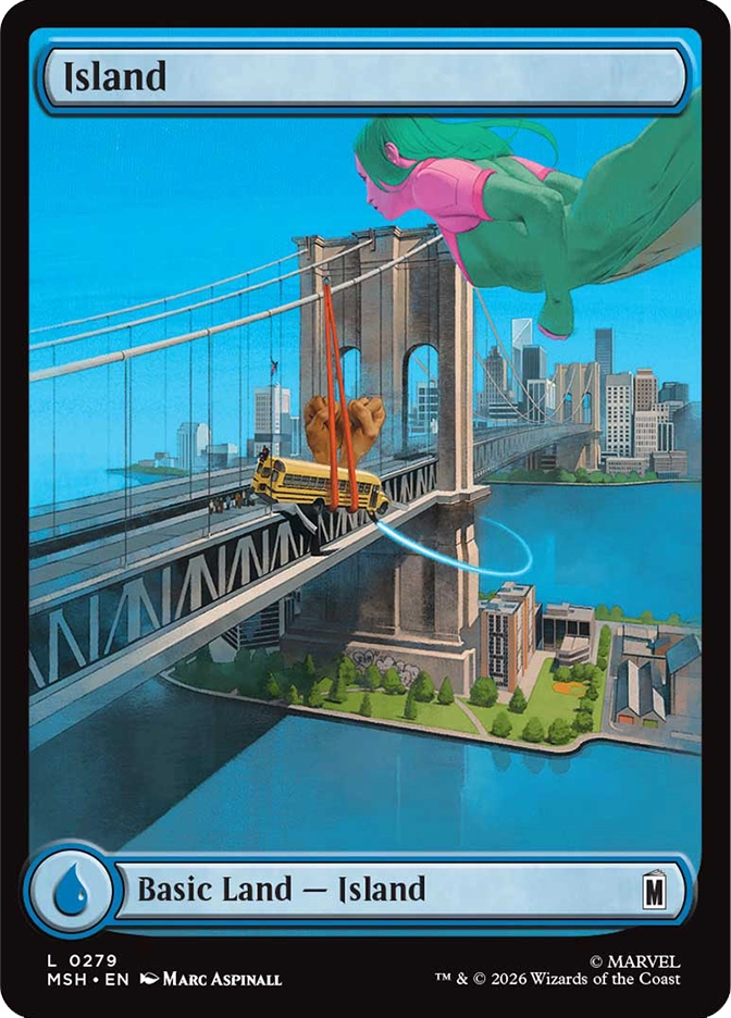 Magic: The Gathering MSH Island basic land. Art by Marc Aspinall depicting a giant green-skinned woman flying above the Brooklyn Bridge while holding a school bus with webs swinging nearby.