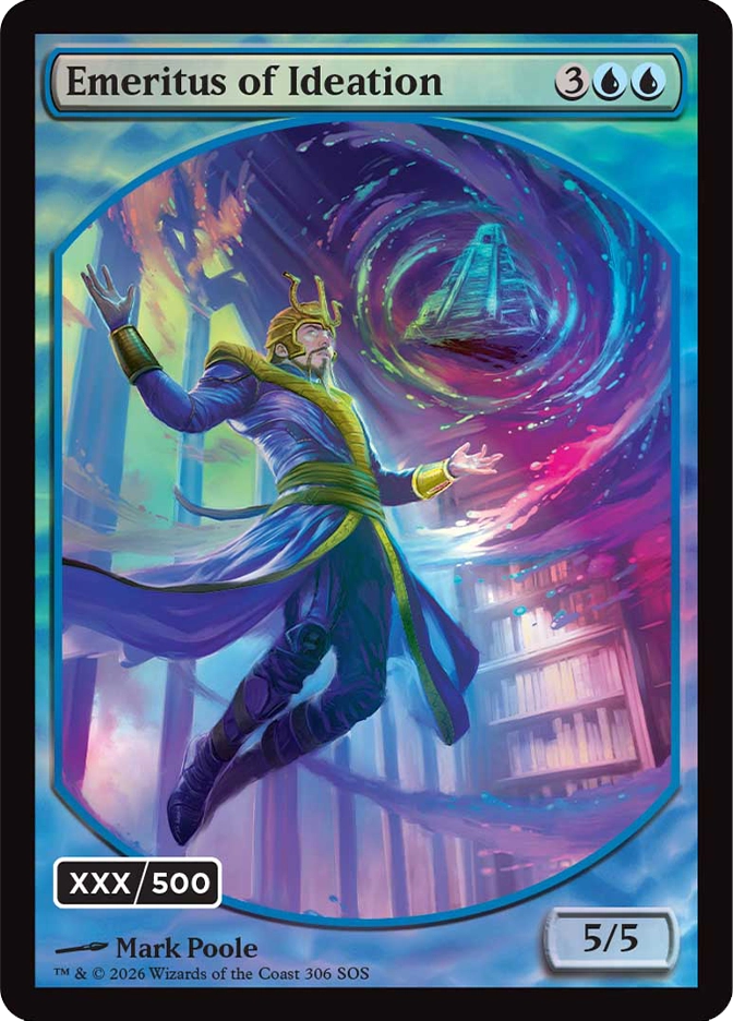 Magic: The Gathering — Secrets of Strixhaven. Emeritus of Ideation, serialized premium foil treatment (XXX/500), Creature — Human Wizard, 5/5. Art depicts a mage in a horned golden helm leaping through a swirling cosmic vortex with a glowing teal pyramid and colorful library shelves in the background.