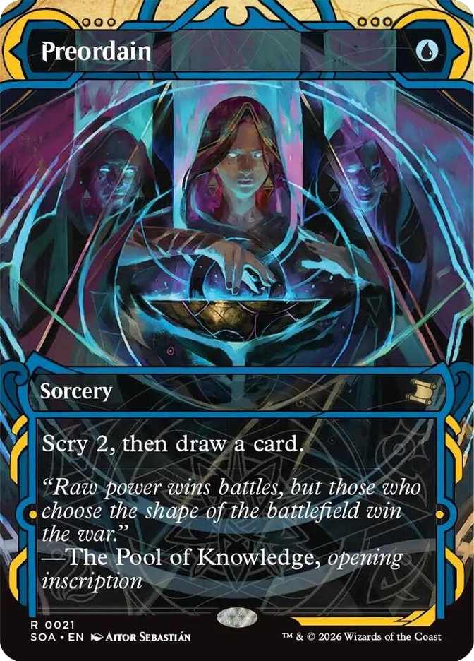 Rare Sorcery, U. A central spellcaster with glowing eyes looks into a glowing orb, flanked by two shadowed figures, all bathed in teal arcane light. SOA set, card R0021, art by Aitor Sebastián."