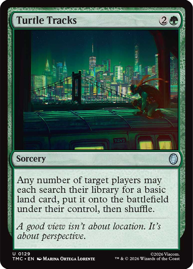 A turtle-like figure crouches atop a subway train at night, overlooking a brightly lit cityscape of neon greens and yellows. A suspension bridge spans the river as skyscrapers shimmer in the distance.