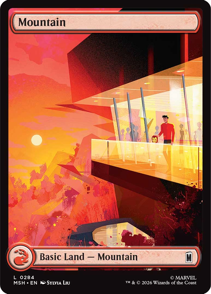 Magic: The Gathering MSH Mountain basic land. Art by Sylvia Liu depicting a man in a red shirt standing on a modernist cliffside terrace at sunset with an Iron Man helmet beside him.