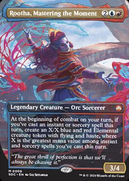An orc sorcerer surrounded by swirling red and blue elemental energy stands poised in a dramatic landscape. Colorful magic spirals around them in broad strokes.