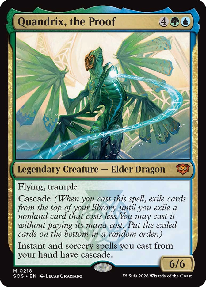 Magic: The Gathering — Secrets of Strixhaven. Quandrix, the Proof, Mythic Rare, Legendary Creature — Elder Dragon, 6/6. Art depicts a sleek green dragon with large angular wings standing upright, channeling a crackling arc of blue mathematical energy in a bright luminous environment.