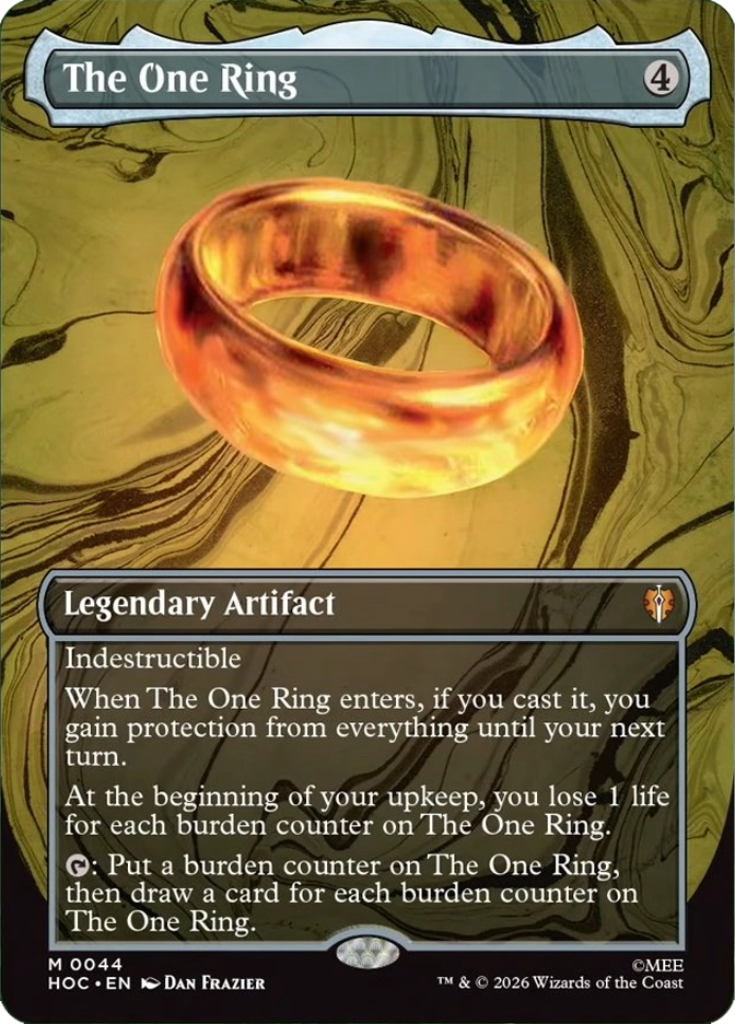 The One Ring — Mythic Legendary Artifact, cost 4, card #M0084. A large iridescent ring floats against a swirling olive green and gold marbled background, its surface shimmering with holographic rainbow foil treatment in greens, reds, and yellows. Indestructible. Abilities: When The One Ring enters, if you cast it, you gain protection from everything until your next turn; At the beginning of your upkeep, lose 1 life for each burden counter on The One Ring; Tap: Put a burden counter on The One Ring, then draw a card for each burden counter on it. HOC Box Topper, star rare treatment, art by Dan Frazier.