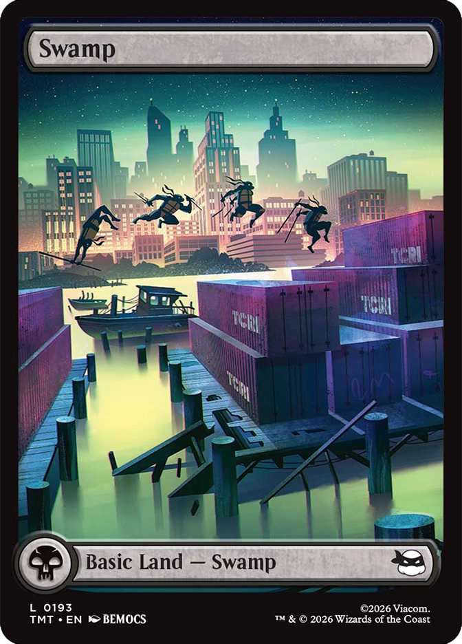 Four jumping turtle silhouettes move across shipping containers and wooden docks at the edge of a foggy waterfront, with a glowing skyline rising beyond the harbor.
