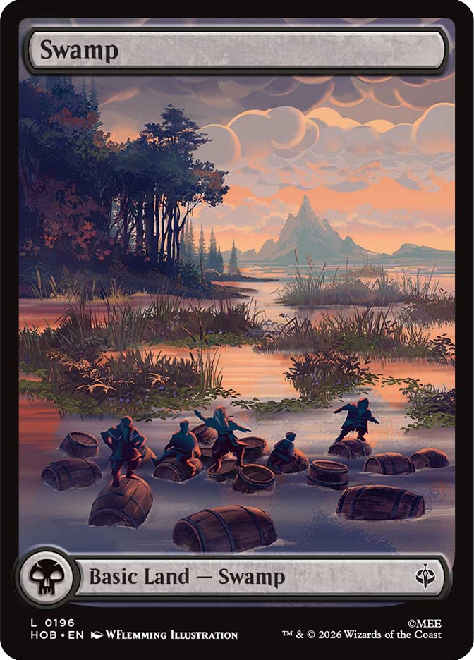  MTG The Hobbit full art Swamp basic land card showing the dwarves escaping from Thranduil's halls in barrels, several figures balanced on and riding wooden barrels through shallow marshy water at dusk, reeds and wetland grasses lining the banks, a distant teal mountain peak visible on the horizon, and a dramatic peach and purple cloud-filled sky overhead. Art by WFlemming Illustration.