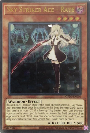 Girl in a white and black dress with arms extended holding a red katana in her right hand. She is standing in front of a futuristic hexagon background. Card Name SKy Striker Ace - Raye