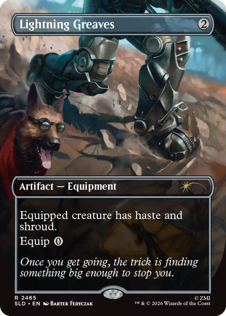 A suit of powered armor charges forward across rocky ground, its mechanical boots striking the earth with force. In the foreground, a dog runs alongside the armored figure, keeping pace through the rugged terrain.