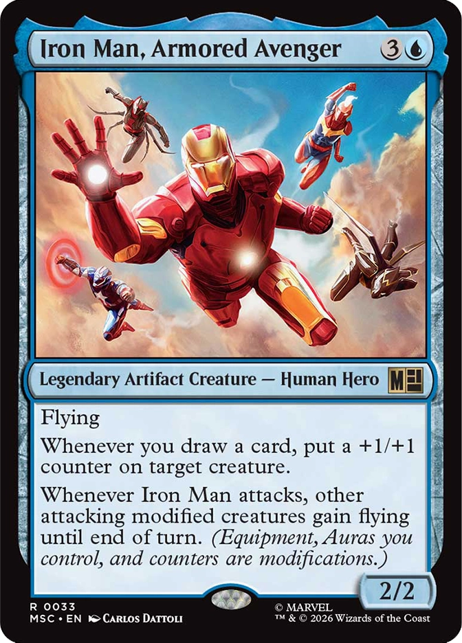 Iron Man, Armored Avenger — Rare Legendary Artifact Creature, Human Hero, cost 3U, 2/2, card #R0033. A sleek red and gold armored suit flies forward with one palm-mounted repulsor glowing in an outstretched hand, a small insect-riding hero on the upper left, a blue-suited flying hero on the upper right, and a dark mechanical figure on the lower right, all soaring through a bright blue cloudy sky. Flying. Whenever you draw a card, put a +1/+1 counter on target creature. Whenever Iron Man attacks, other attacking modified creatures gain flying until end of turn. MSC set, blue border, art by Carlos Dattoli, Marvel. 2026 Wizards of the Coast.