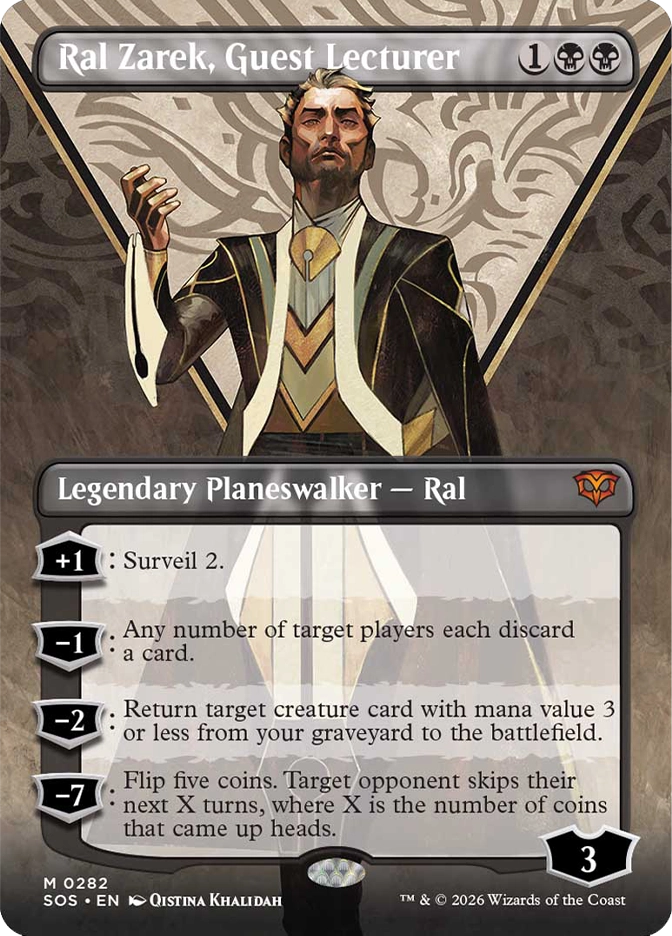 Magic: The Gathering — Secrets of Strixhaven. Ral Zarek, Guest Lecturer, Mythic Rare, Legendary Planeswalker — Ral, Starting Loyalty 3. Art depicts a sharply dressed man with slicked hair raising one hand against a geometric patterned background in black and gold.