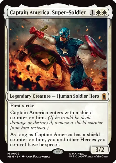 A heroic figure in a blue suit with a red shield charging forward through a fiery battlefield, deflecting attacks with the shield. The card frame is white.